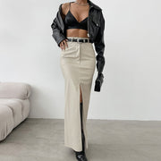 French Style Khaki PU Leather Skirt Women's Simple Split High Waist Straight Dress - Jo-Bolt-Store