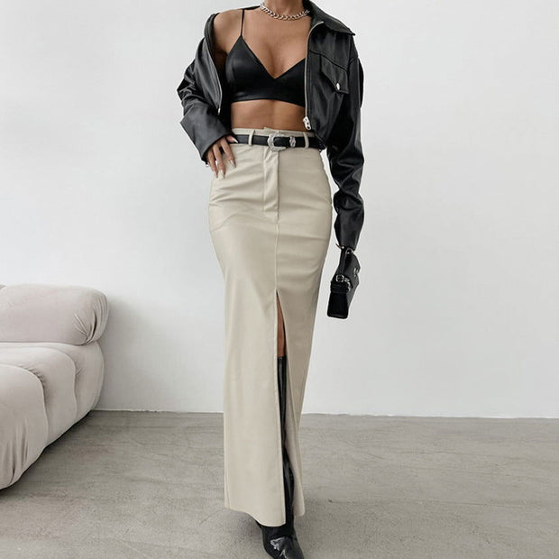 French Style Khaki PU Leather Skirt Women's Simple Split High Waist Straight Dress - Jo-Bolt-Store