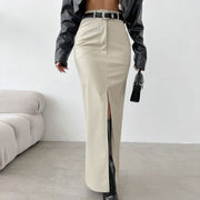 French Style Khaki PU Leather Skirt Women's Simple Split High Waist Straight Dress - Jo-Bolt-Store
