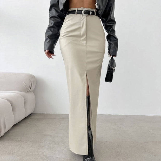 French Style Khaki PU Leather Skirt Women's Simple Split High Waist Straight Dress - Jo-Bolt-Store