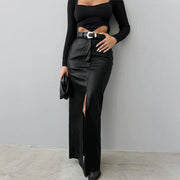 French Style Khaki PU Leather Skirt Women's Simple Split High Waist Straight Dress - Jo-Bolt-Store