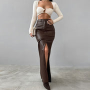 French Style Khaki PU Leather Skirt Women's Simple Split High Waist Straight Dress - Jo-Bolt-Store