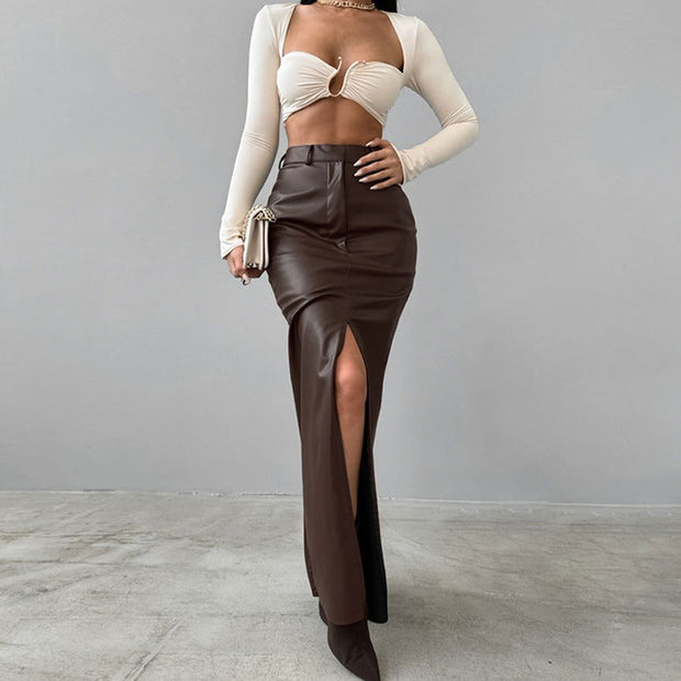 French Style Khaki PU Leather Skirt Women's Simple Split High Waist Straight Dress - Jo-Bolt-Store