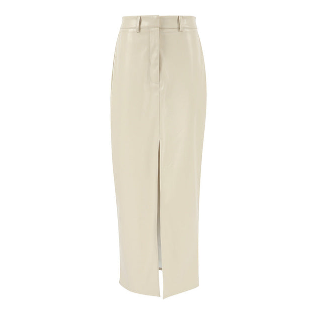 French Style Khaki PU Leather Skirt Women's Simple Split High Waist Straight Dress - Jo-Bolt-Store