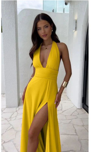 Halterneck V-neck Slit Dress Summer Backless Strappy Skirt Fashion Temperament Clothing Women - Jo-Bolt-Store