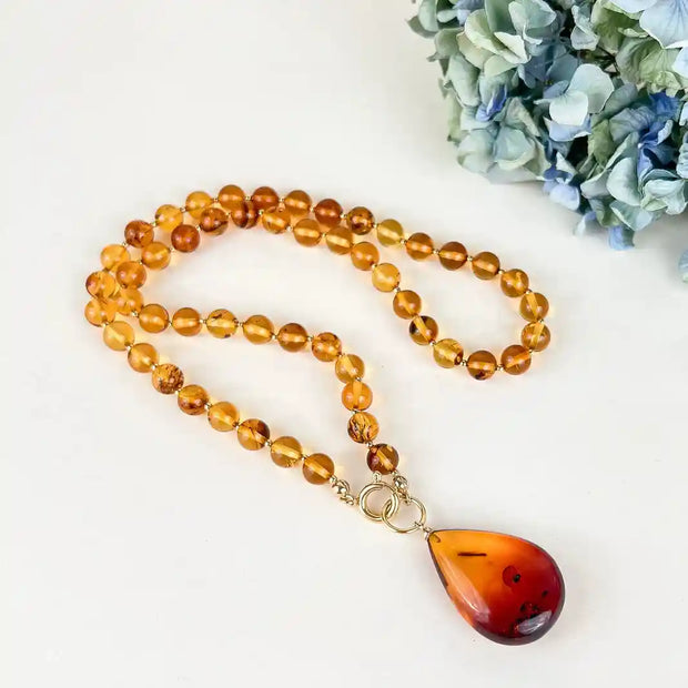 Amber Necklace 50cm, Gold-Plated Silver 925 Pure Honey