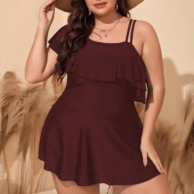 Skirt Plus Size Split Swimsuit Solid Color One Shoulder Ruffled Bikini - Jo-Bolt-Store