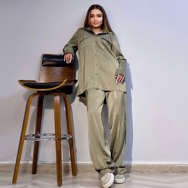 Striped Shirt Wide Leg Pants Casual Suit - Jo-Bolt-Store