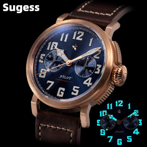 Sugess CuSn8 Bronze Pilot Watch of Mens Chronograph Mechanical Wristwatches Tianjin ST1901 Swanneck Movement Super BGW9 Luminous - Jo-Bolt-Store