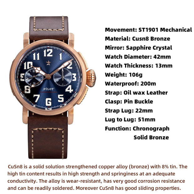Sugess CuSn8 Bronze Pilot Watch of Mens Chronograph Mechanical Wristwatches Tianjin ST1901 Swanneck Movement Super BGW9 Luminous - Jo-Bolt-Store