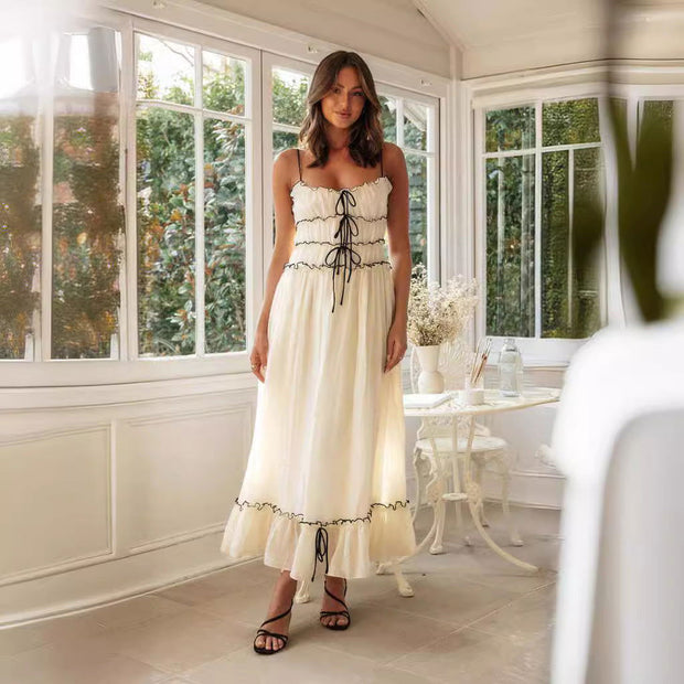 Summer Suspender Spaghetti Strap Long Dresses With Bow Pleat Design Fashion Sweet Bow Beach Dress For Womens Clothing - Jo-Bolt-Store