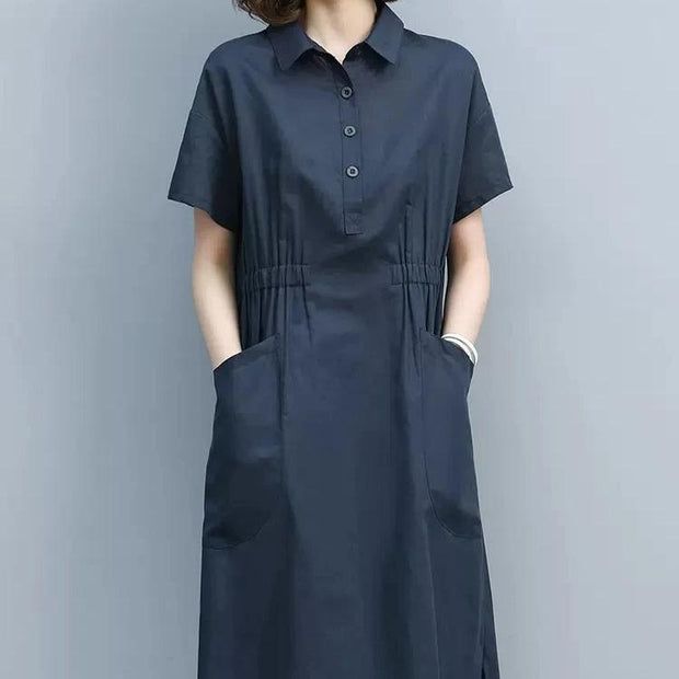 Summer Vintage Dresses for Women 2023 New Casual Loose Cotton Polo Collar Short Sleeve Office Lady Pleated Dresses Vestidos - Jo-Bolt-Store
