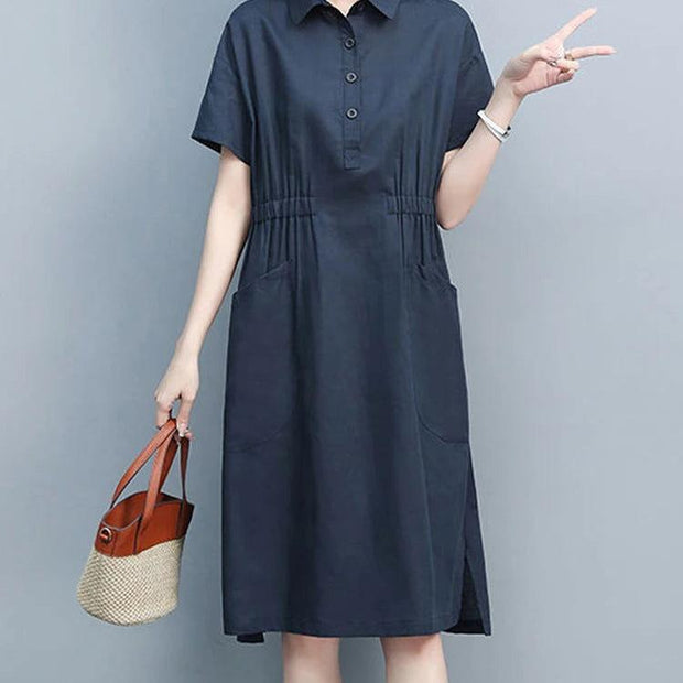 Summer Vintage Dresses for Women 2023 New Casual Loose Cotton Polo Collar Short Sleeve Office Lady Pleated Dresses Vestidos - Jo-Bolt-Store