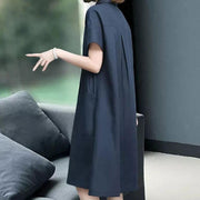 Summer Vintage Dresses for Women 2023 New Casual Loose Cotton Polo Collar Short Sleeve Office Lady Pleated Dresses Vestidos - Jo-Bolt-Store