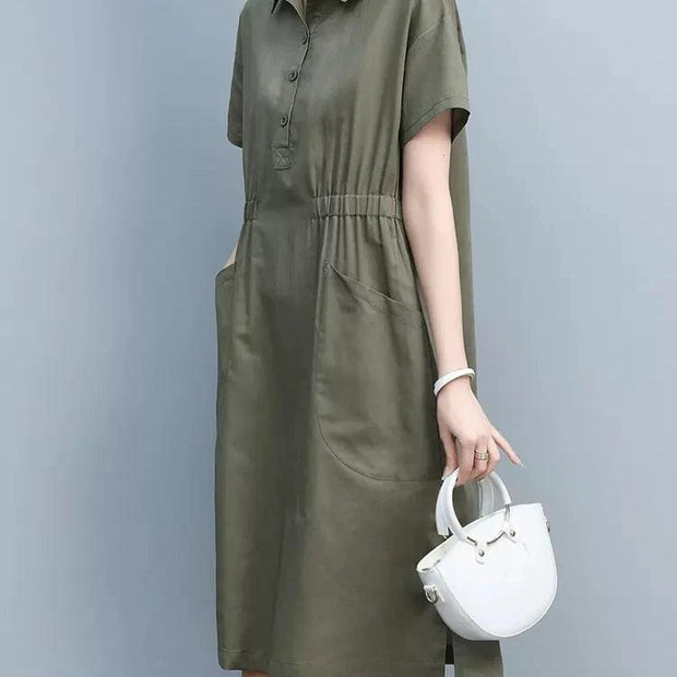 Summer Vintage Dresses for Women 2023 New Casual Loose Cotton Polo Collar Short Sleeve Office Lady Pleated Dresses Vestidos - Jo-Bolt-Store