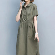 Summer Vintage Dresses for Women 2023 New Casual Loose Cotton Polo Collar Short Sleeve Office Lady Pleated Dresses Vestidos - Jo-Bolt-Store