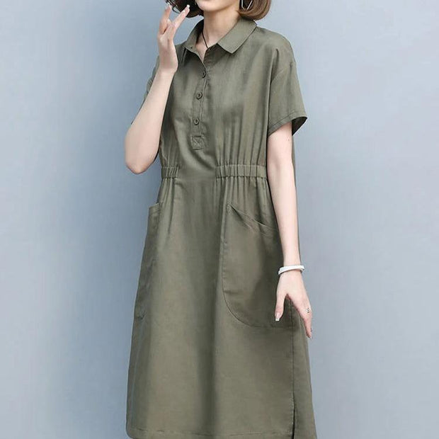 Summer Vintage Dresses for Women 2023 New Casual Loose Cotton Polo Collar Short Sleeve Office Lady Pleated Dresses Vestidos - Jo-Bolt-Store