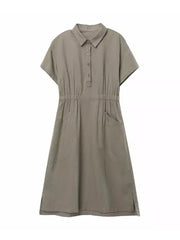 Summer Vintage Dresses for Women 2023 New Casual Loose Cotton Polo Collar Short Sleeve Office Lady Pleated Dresses Vestidos - Jo-Bolt-Store