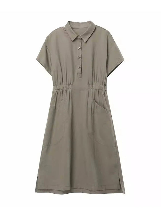 Summer Vintage Dresses for Women 2023 New Casual Loose Cotton Polo Collar Short Sleeve Office Lady Pleated Dresses Vestidos - Jo-Bolt-Store