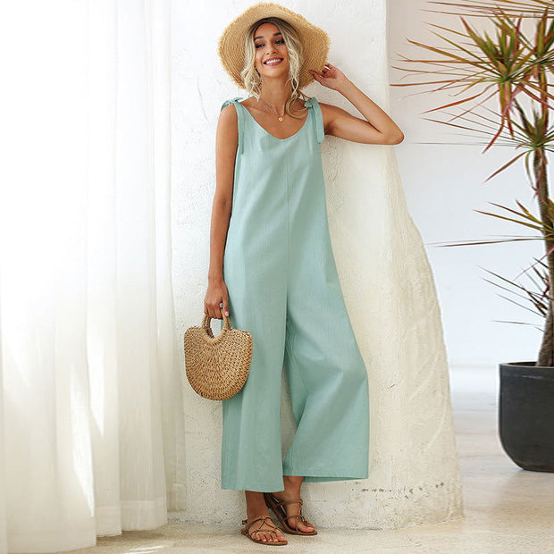 Summer Women's Clothing Tied Wide Loose Straight Leg Solid Color One Piece Bib Women - Jo-Bolt-Store