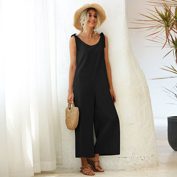 Summer Women's Clothing Tied Wide Loose Straight Leg Solid Color One Piece Bib Women - Jo-Bolt-Store