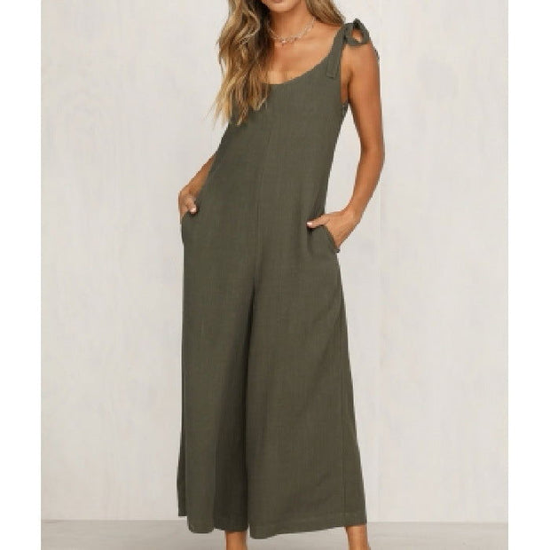 Summer Women's Clothing Tied Wide Loose Straight Leg Solid Color One Piece Bib Women - Jo-Bolt-Store