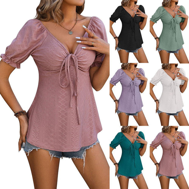 V-neck Drawstring Design Short-sleeved Top Summer Solid Color T-shirt Womens Clothing - Jo-Bolt-Store