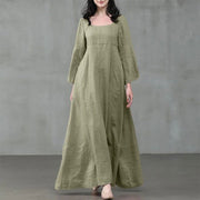 Vintage Cotton Linen Woman Dress Square Collar Long Flare Sleeve Sundress Loose Party Dresses for Women Robe Casual Vestido - Jo-Bolt-Store