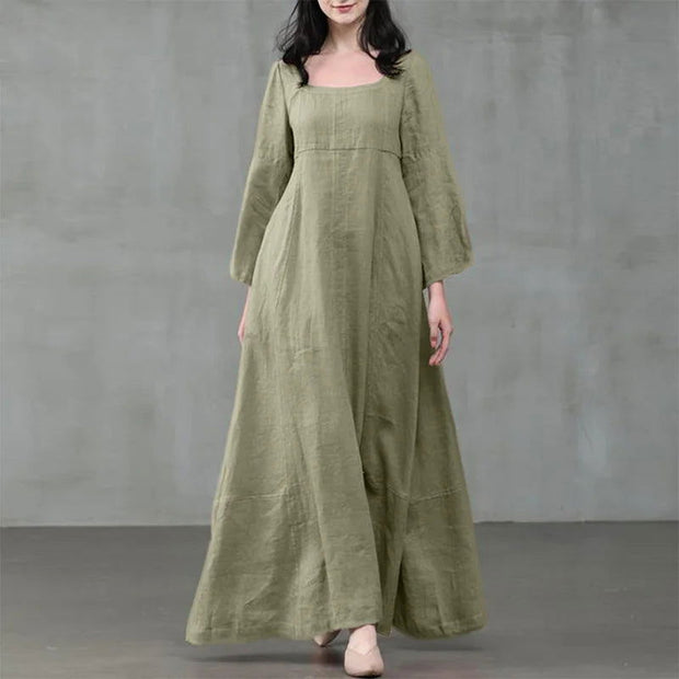Vintage Cotton Linen Woman Dress Square Collar Long Flare Sleeve Sundress Loose Party Dresses for Women Robe Casual Vestido - Jo-Bolt-Store