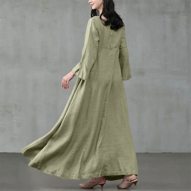 Vintage Cotton Linen Woman Dress Square Collar Long Flare Sleeve Sundress Loose Party Dresses for Women Robe Casual Vestido - Jo-Bolt-Store