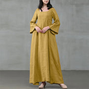 Vintage Cotton Linen Woman Dress Square Collar Long Flare Sleeve Sundress Loose Party Dresses for Women Robe Casual Vestido - Jo-Bolt-Store