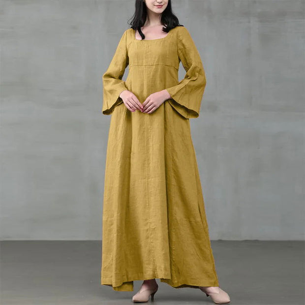 Vintage Cotton Linen Woman Dress Square Collar Long Flare Sleeve Sundress Loose Party Dresses for Women Robe Casual Vestido - Jo-Bolt-Store