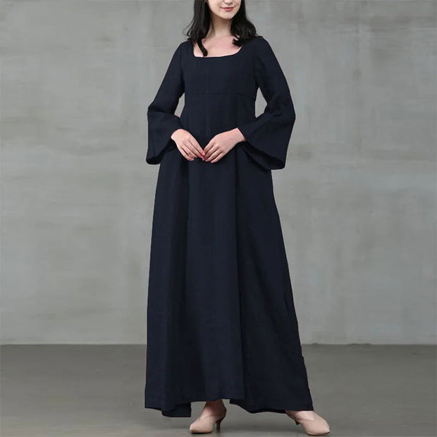 Vintage Cotton Linen Woman Dress Square Collar Long Flare Sleeve Sundress Loose Party Dresses for Women Robe Casual Vestido - Jo-Bolt-Store