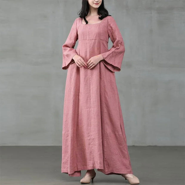 Vintage Cotton Linen Woman Dress Square Collar Long Flare Sleeve Sundress Loose Party Dresses for Women Robe Casual Vestido - Jo-Bolt-Store