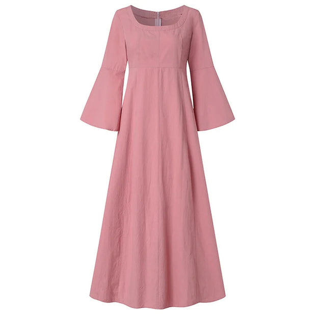 Vintage Cotton Linen Woman Dress Square Collar Long Flare Sleeve Sundress Loose Party Dresses for Women Robe Casual Vestido - Jo-Bolt-Store