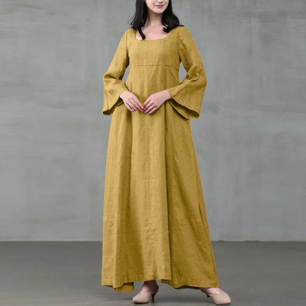 Vintage Cotton Linen Woman Dress Square Collar Long Flare Sleeve Sundress Loose Party Dresses for Women Robe Casual Vestido - Jo-Bolt-Store
