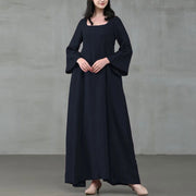 Vintage Cotton Linen Woman Dress Square Collar Long Flare Sleeve Sundress Loose Party Dresses for Women Robe Casual Vestido - Jo-Bolt-Store