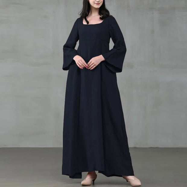 Vintage Cotton Linen Woman Dress Square Collar Long Flare Sleeve Sundress Loose Party Dresses for Women Robe Casual Vestido - Jo-Bolt-Store