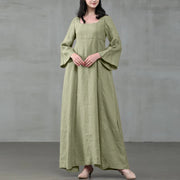 Vintage Cotton Linen Woman Dress Square Collar Long Flare Sleeve Sundress Loose Party Dresses for Women Robe Casual Vestido - Jo-Bolt-Store