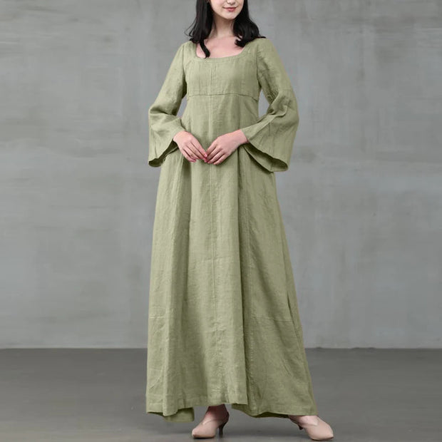 Vintage Cotton Linen Woman Dress Square Collar Long Flare Sleeve Sundress Loose Party Dresses for Women Robe Casual Vestido - Jo-Bolt-Store