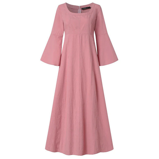 Vintage Cotton Linen Woman Dress Square Collar Long Flare Sleeve Sundress Loose Party Dresses for Women Robe Casual Vestido - Jo-Bolt-Store