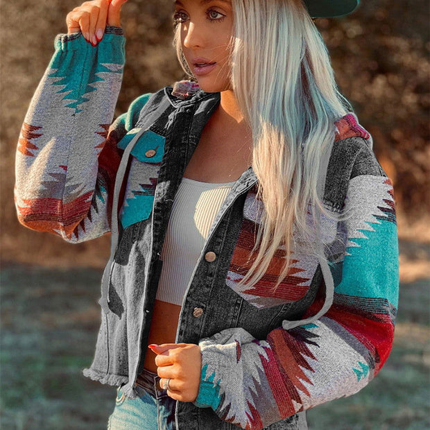 Western Style Denim Stitching Hooded Jacket Multi-color Printed Frayed Hem Jacket - Jo-Bolt-Store