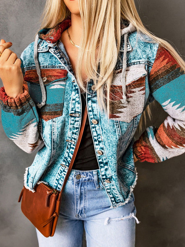 Western Style Denim Stitching Hooded Jacket Multi-color Printed Frayed Hem Jacket - Jo-Bolt-Store