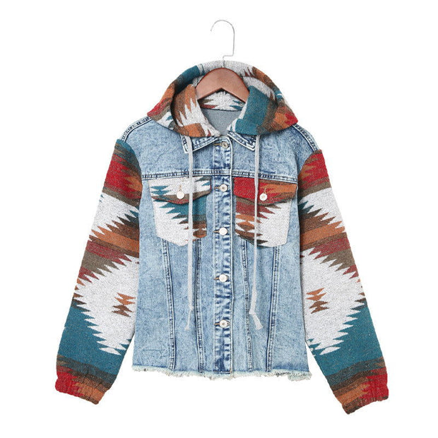 Western Style Denim Stitching Hooded Jacket Multi-color Printed Frayed Hem Jacket - Jo-Bolt-Store