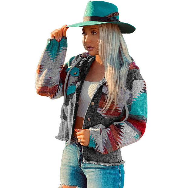 Western Style Denim Stitching Hooded Jacket Multi-color Printed Frayed Hem Jacket - Jo-Bolt-Store