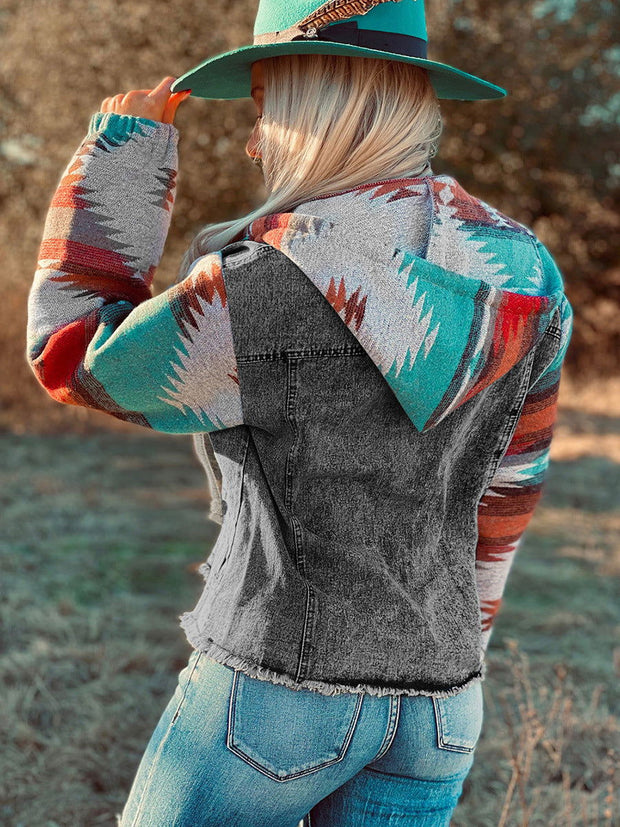 Western Style Denim Stitching Hooded Jacket Multi-color Printed Frayed Hem Jacket - Jo-Bolt-Store