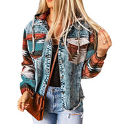 Western Style Denim Stitching Hooded Jacket Multi-color Printed Frayed Hem Jacket - Jo-Bolt-Store