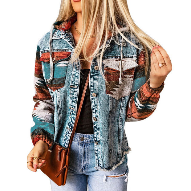 Western Style Denim Stitching Hooded Jacket Multi-color Printed Frayed Hem Jacket - Jo-Bolt-Store