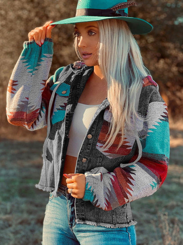 Western Style Denim Stitching Hooded Jacket Multi-color Printed Frayed Hem Jacket - Jo-Bolt-Store