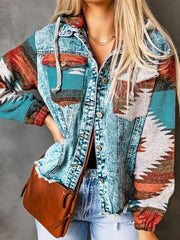 Western Style Denim Stitching Hooded Jacket Multi-color Printed Frayed Hem Jacket - Jo-Bolt-Store